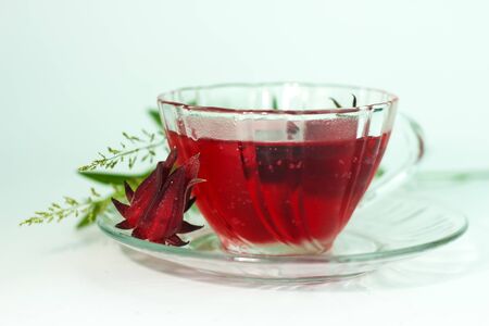 Glass of cold roselle juice - healthy food against woodの写真素材