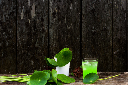 Herbal juice from Centella asiatica,wooden scene,Centella asiatica,Gotu kolaの写真素材