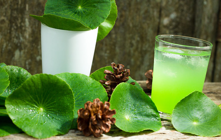 Herbal juice from Centella asiatica,wooden scene,Centella asiatica,Gotu kolaの写真素材