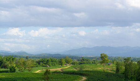 Green mountains with blue sky.