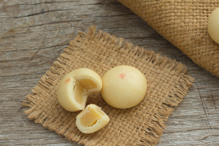 Mochi snack on wooden plate,copy space.の写真素材
