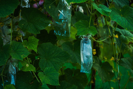 Protecting Cucumbers From Insects By Wrapping Bagsの写真素材