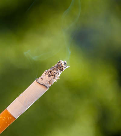 burning cigarette with smoke on a green backgroundの写真素材