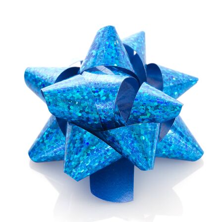 Blue bow isolated on white の写真素材