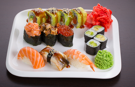Japanese tasty sushi set on white plateの写真素材