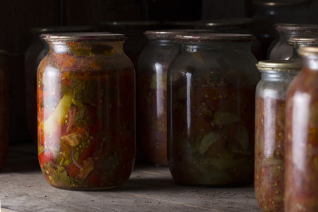 Vegetables preserves on wooden backgroundの写真素材