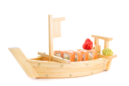 Japanese tasty sushi set on a wooden ship.の写真素材