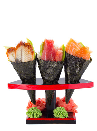 apanese cuisine in the restaurant temaki isolated on white backgroundの写真素材