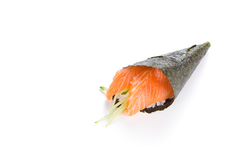 Salmon sushi temaki isolated on white backgroundの写真素材
