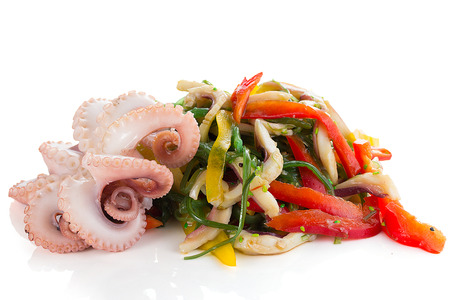 baby octopus with salad isolated on white backgroundの写真素材