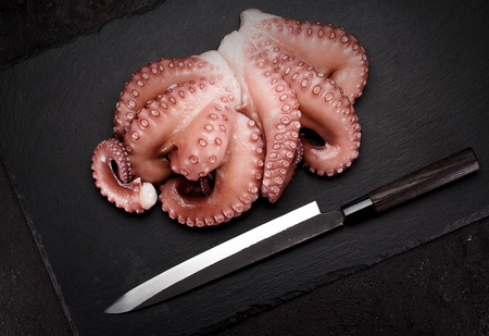 Octopus on a stone plate with chef knife over dark concrete backgroundの写真素材