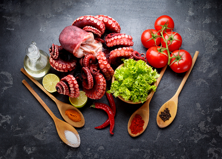 Freshly prepared octopus with vegetables and spices in wooden spoones over dark stone backgroundの写真素材