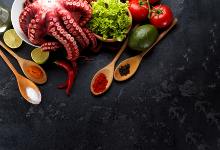 Freshly prepared octopus with vegetables and spices in wooden spoones over dark stone backgroundの写真素材