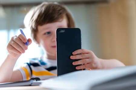 Back to school. Distance learning online education. Caucasian smile kid boy studying at home with...