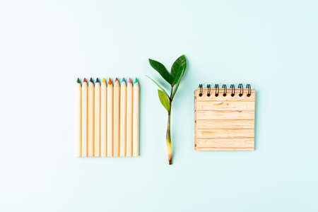 Craft paper notebook, pencil, green leaves sprout and stationery recycled top view. Flat lay Zero...