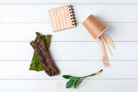Flat lay Zero waste, eco friendly, natural organic plastic free concept. Craft notebook coffee cup,...