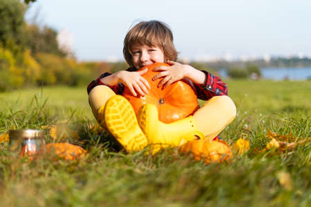 Cute boy play with pumpkin in autumn park on Halloween. Kids trick or treat. Fun in fall. Dressed up child.の写真素材