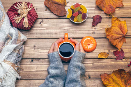 Top view composition with woman's hands in gray sweater, pumpkin styled cup of coffee and autumn themed decoration, fallen leaves and candy on wooden background. Flat lay, copy space.の写真素材