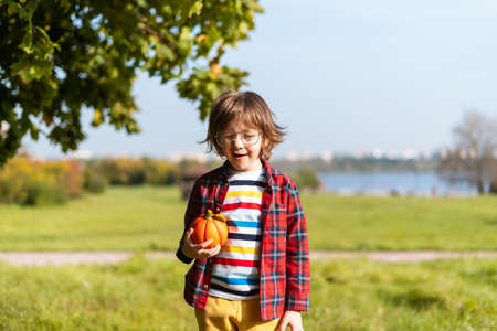 Cute boy in glasses play with pumpkin in autumn park on Halloween. Kids trick or treat. Fun in fall. Dressed up childの写真素材
