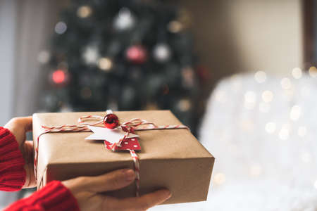 Christmas eco gift in woman hands. Glowing snow bokeh, fir tree. Winter holidays mock up on white...