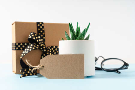 Gift box or present box with empty blank tag, succulent plant and glasses on desktop
