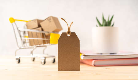 Toy shopping cart with boxes and empty blank tag, succulent plant and notepad.