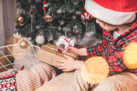 Close-up of child hands put gift under a Christmas tree indoorsの写真素材