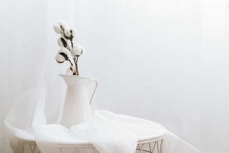 Details of still life in the home interior of living room on white background. Candle with cotton branch. Moody. Copy space for textの写真素材
