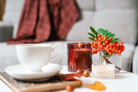 Still life book, candle, rowan berry and a cup of tea or coffee in the living room on a table, home decor in a cozy house. Autumn weekend concept, blanket and plaid. Fallen leaves and home decorationの写真素材