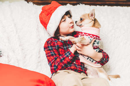 Merry Christmas. Happy little child and puppy dog in sweater playing, hug and having fun on couch with blanket at winter holidays. Kid boy in Santa hat. Christmas tree with light bokeh. Happy new yearの写真素材