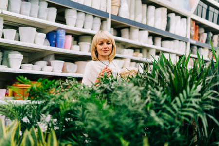 Gardening, planting and shopping concept. Beautiful mature adult woman choosing houseplants and pots in greenhouse or garden centre. Senior buying flowers plants at market store in mall.の写真素材