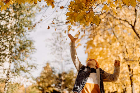Kid having fun in autumn park with fallen leaves, throwing up leaf. Child boy outdoors playing with...