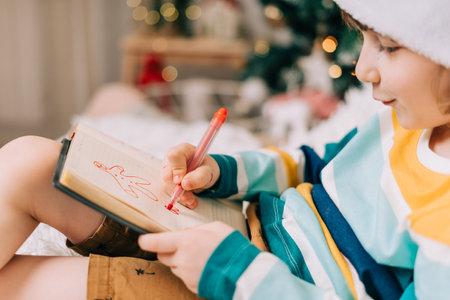 Kid boy in red Santa hat writing the letter and drawing to dear Santa at home. Child wish list. Dreams of a Christmas gifts. Merry Christmas and Happy new yearの写真素材