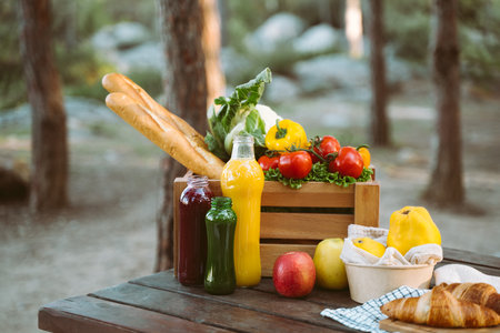 Wooden crate organic farmland vegetables, bread baguettes, fruits, multicolor juice bottles, croissants, dark wood table. Framed crate with cauliflower, sweet pepper, tomatoes, yellow quince, applesの写真素材