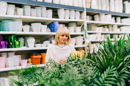 Gardening, planting and shopping concept. Beautiful mature adult woman choosing houseplants and pots in greenhouse or garden centre. Senior buying flowers plants at market store in mall.の写真素材