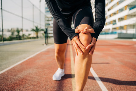 Close up of sport woman holding knee with hands in pain after suffering injury running. Runner woman sit on road with knee injury and pain.の写真素材