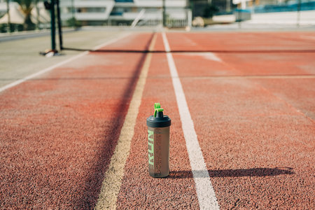 Close up of water blender bottle standing on tennis court. No people, copy space