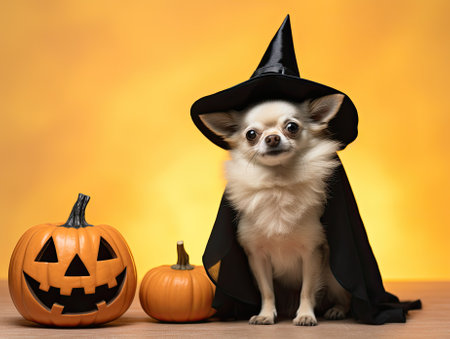 White chihuahua dog in black cape witch hat sitting near Jack-o-lantern carved pumpkins with bright yellow background. Halloween season trick or treat card copy space mockup concept. Generative AIの素材