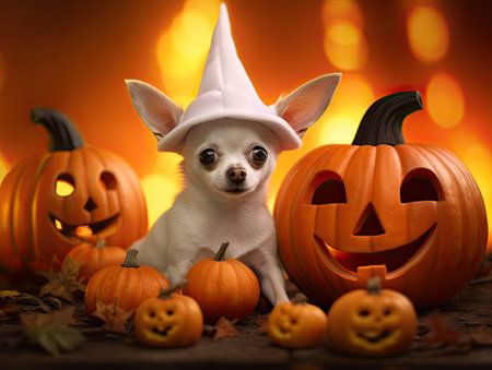 Minimalistic close up picture of cute white chihuahua pup in pink witch hat sitting between jack-o-lanterns halloween pumpkins with yellow blank copy space background. Generative AI.の素材