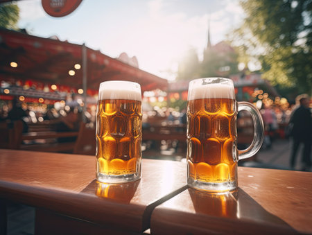 Close up photo of tall glasses with light lager craft beer pint standing on bar wooden table deck with amusement park in the background during Oktoberfest. Generative AI.の素材