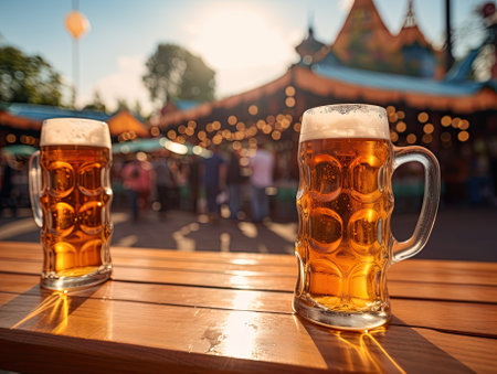 Close up photo of tall glasses with light lager craft beer pint standing on bar wooden table deck with amusement park in the background during Oktoberfest. Generative AI.の素材