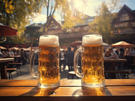 Close up photo of tall glasses with light lager craft beer pint standing on bar wooden table deck with amusement park in the background during Oktoberfest. Generative AI.の素材