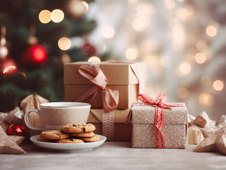 Closeup professional color grading photography of Christmas cookies, cup of coffee, and gift boxes with blurred Christmas tree in the background. Generative AI.の素材