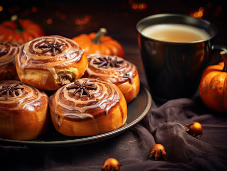 Freshly baked halloween cinnamon rolls with chocolate spider and spider web ornament with cup of coffee and orange halloween pumpkins in the background. Generative AI.の素材