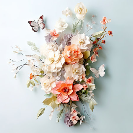 Closeup photo of whimsical loose modern bridal bouquet with real flowers and silk butterflies with a rustic silk ribbon. Generative AI.の素材