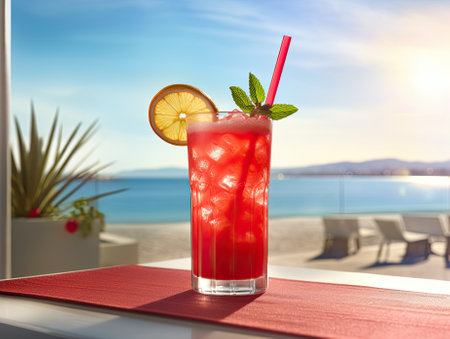 Red iced tasty cape cod sea breeze cocktail mocktail on bar deck with seashore view in the background. Generative AI.の素材