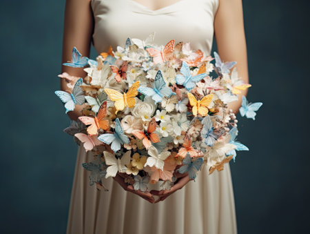 Close up photo of woman hands holding an elegant bridal bouquet with real flowers and decorated with silk butterflies. Generative AI.の素材