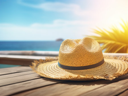 Straw sombrero hat lying on sunlit wooden deck with sea in the background. Generative AI.の素材