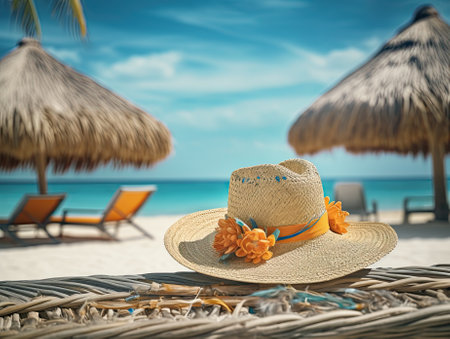 Straw sombrero hat lying on sunlit wooden deck with sea in the background. Generative AI.の素材