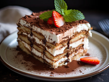 Strawberry tiramisu dessert with mascarpone and whipped cream, Italian cheesecake dessert, pudding or berry trifle cake. Generative AI.の素材